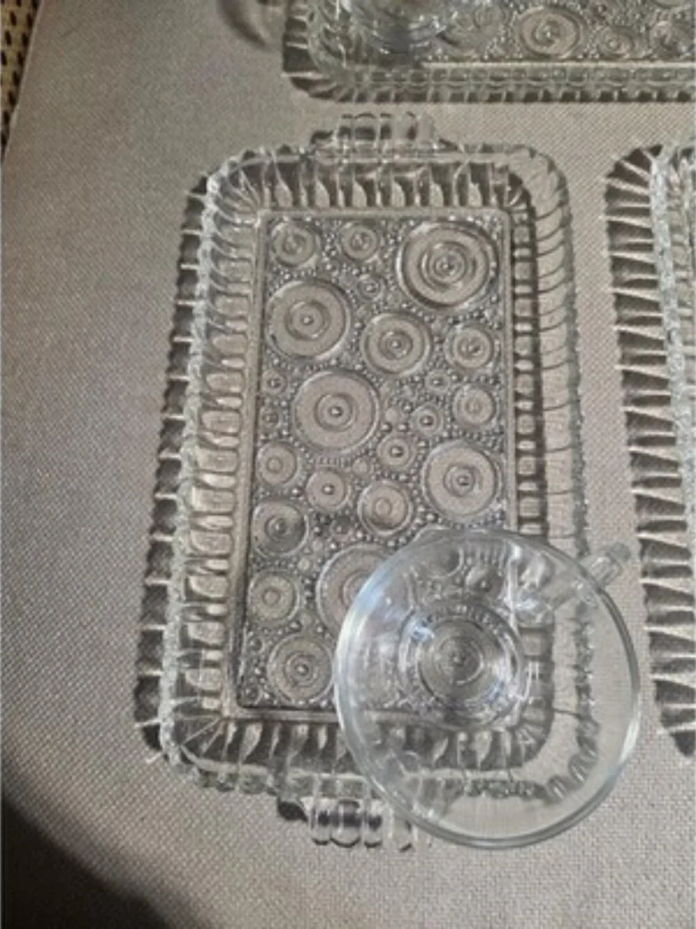 Vintage Anchor Hocking Colonial Lady Snack Set 4 Trays 4 Cups MCM Clear Glass